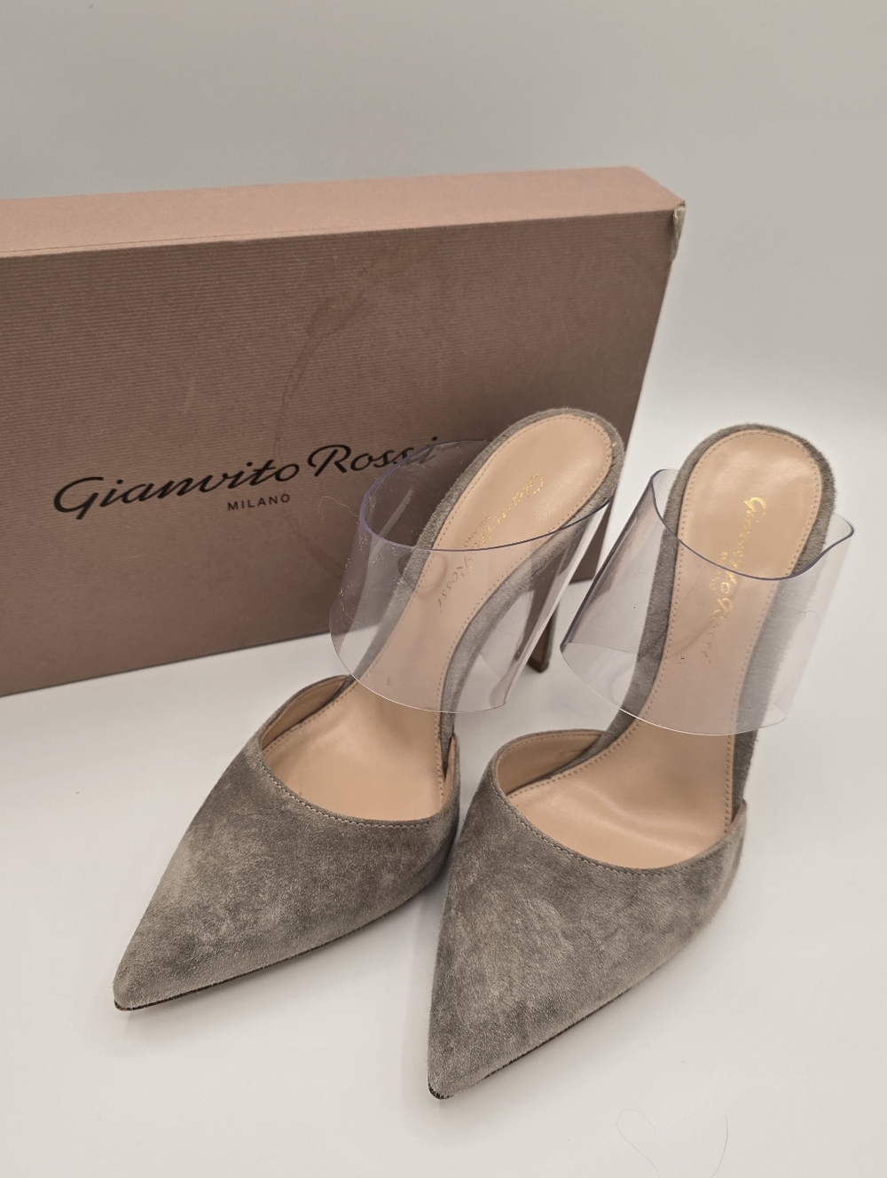 Gianvito Rossi Taupe Suede Pointed-Toe Mules with Clear PVC Strap